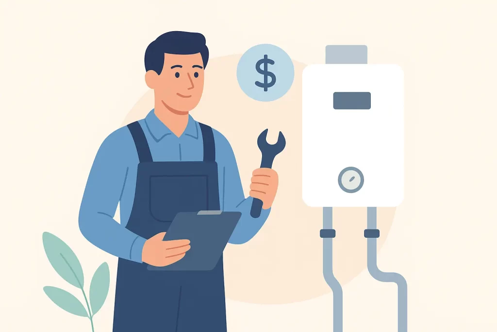 heating engineer with a spanner and clipboard, stood next to a boiler with a money sign on the wall