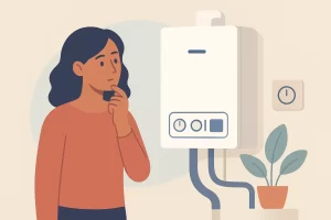 illustration of female looking at boiler wondering how to improve boiler efficiency