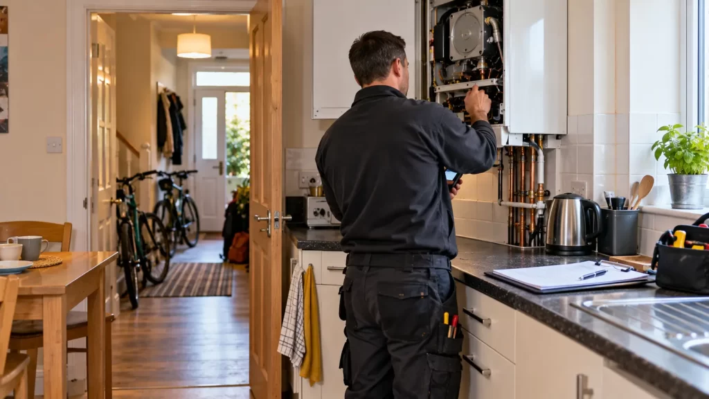 engineer fixing looking inside a wall mounted boiler in a rental property