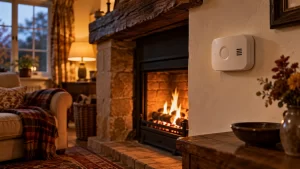 White carbon monoxide alarm on the wall of a cosy cottage living room with a gas fire glowing nearby on an autumn evening