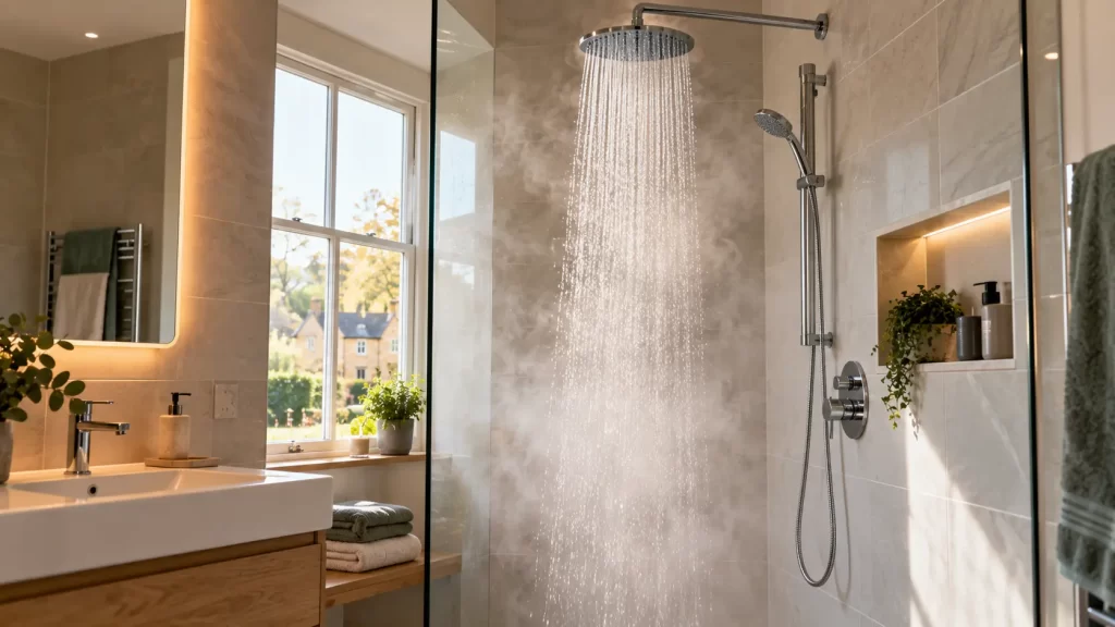 Shower cubicle with a running shower to suggest someone with more tahn 1 bathroom minght need an unvented cylinder