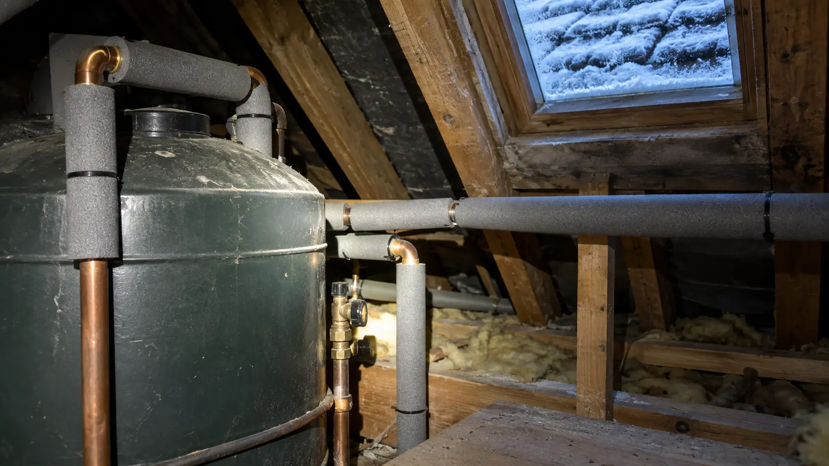 Grey foam lagging fitted around copper pipes beside a cold water tank in a cottage loft with frost on the roof outside